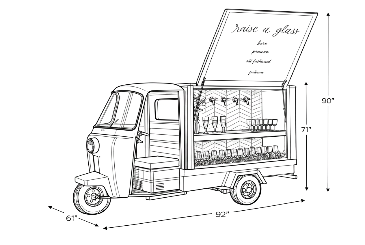 Illustrated dimensions of the Moxie tap truck: 92 inches long, 61 inches wide, 90 inches tall with the lid open