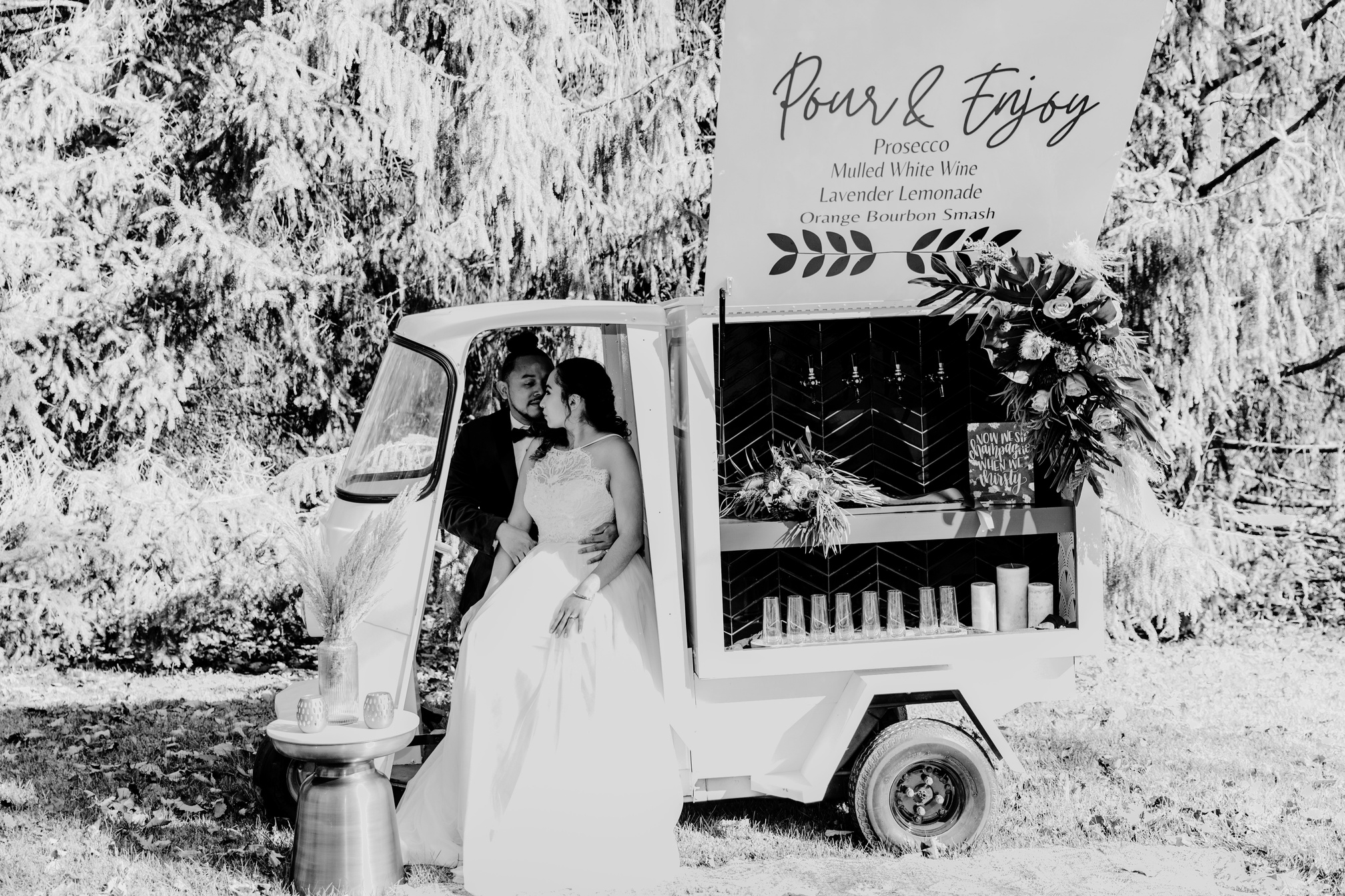 Bride and groom beside the Moxie tap truck